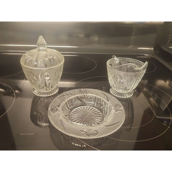 Vintage Jeanette Iris Herringbone Creamer, Sugar Bowl with Lid & Candy Dish - Picture 4 of 8
